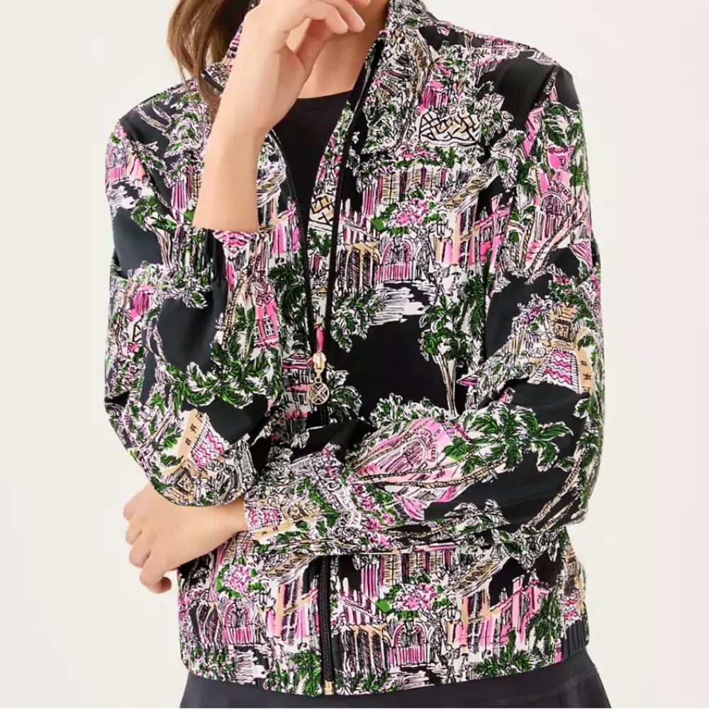 Lilly Pulitzer Black and Pink Graphic Bomber Jacket